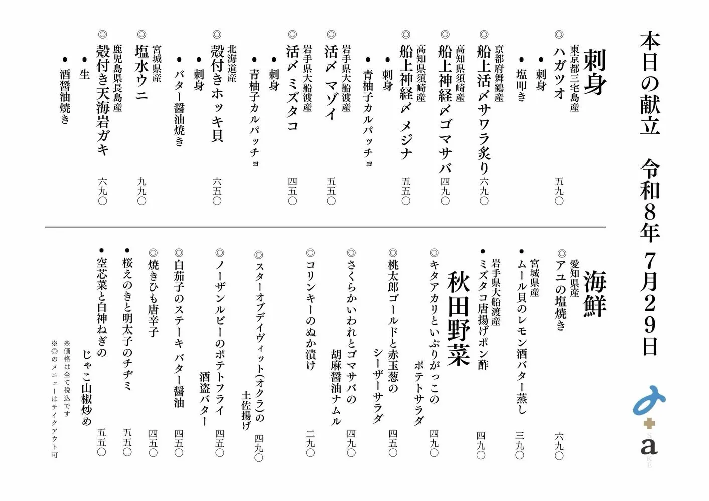 さかなの木7月29日のメニューです。