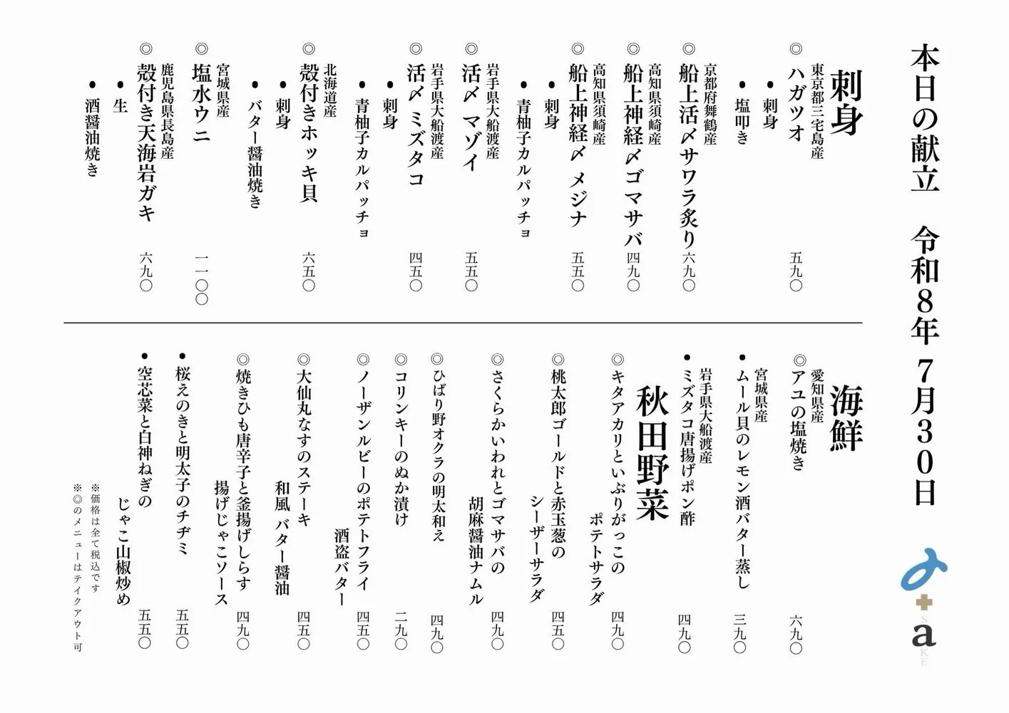 さかなの木7月30日のメニューです。