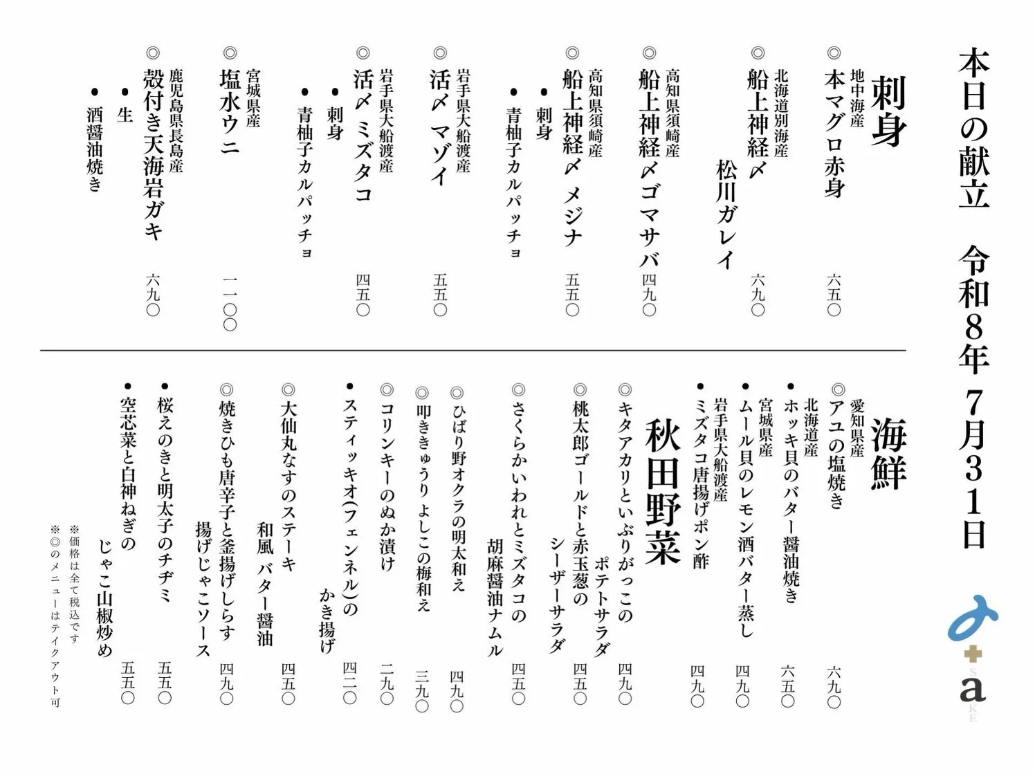 さかなの木7月31日のメニューです。