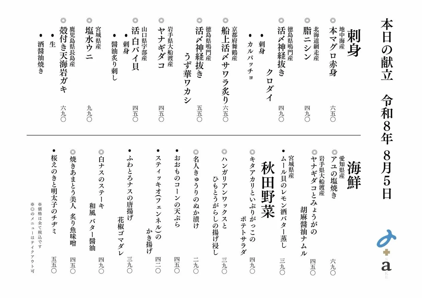 さかなの木8月5日のメニューです。