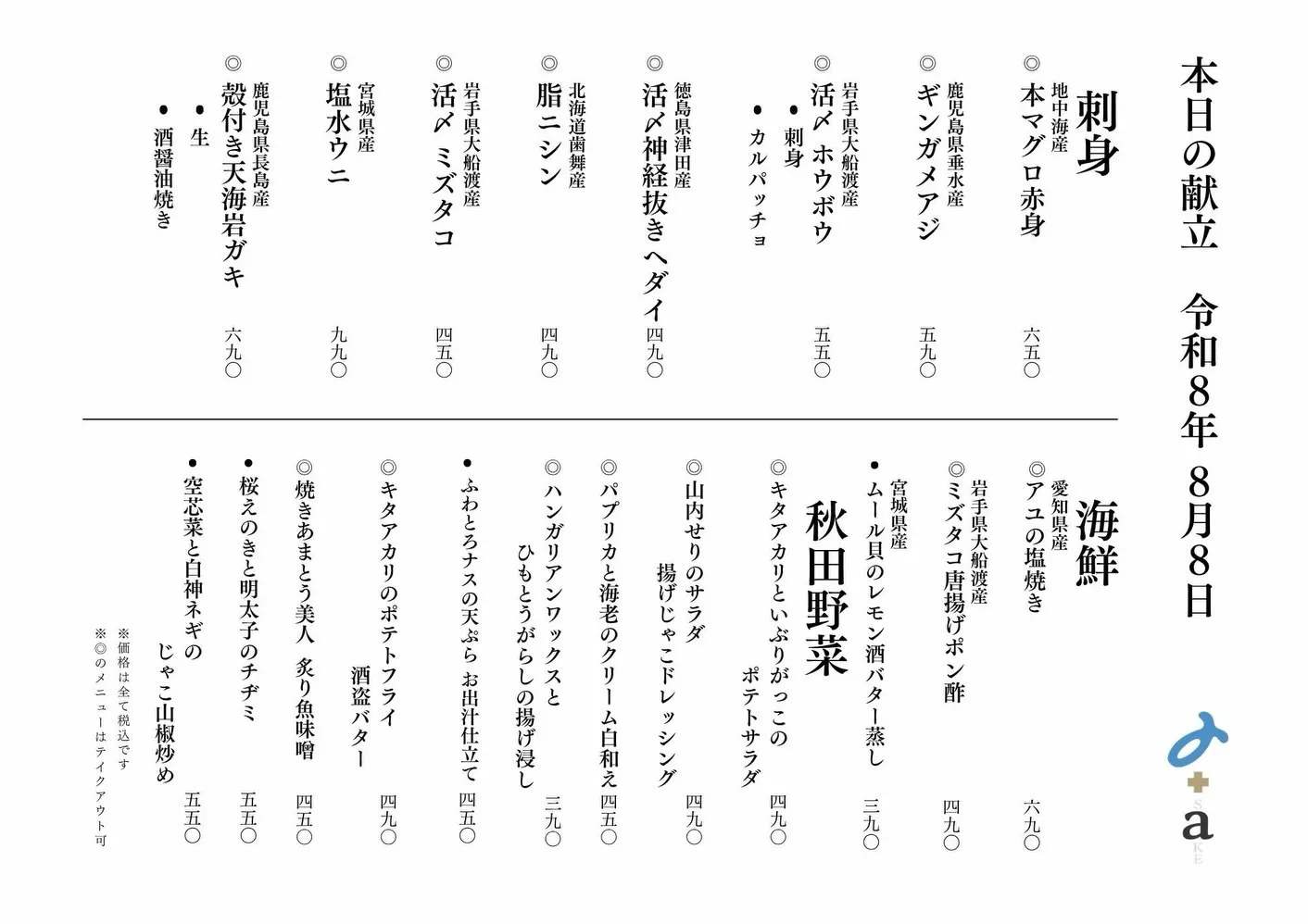 さかなの木8月8日のメニューです。
