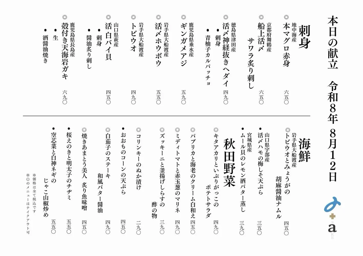 さかなの木8月12日のメニューです。