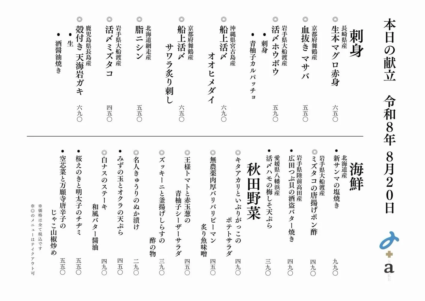 さかなの木8月20日のメニューです。