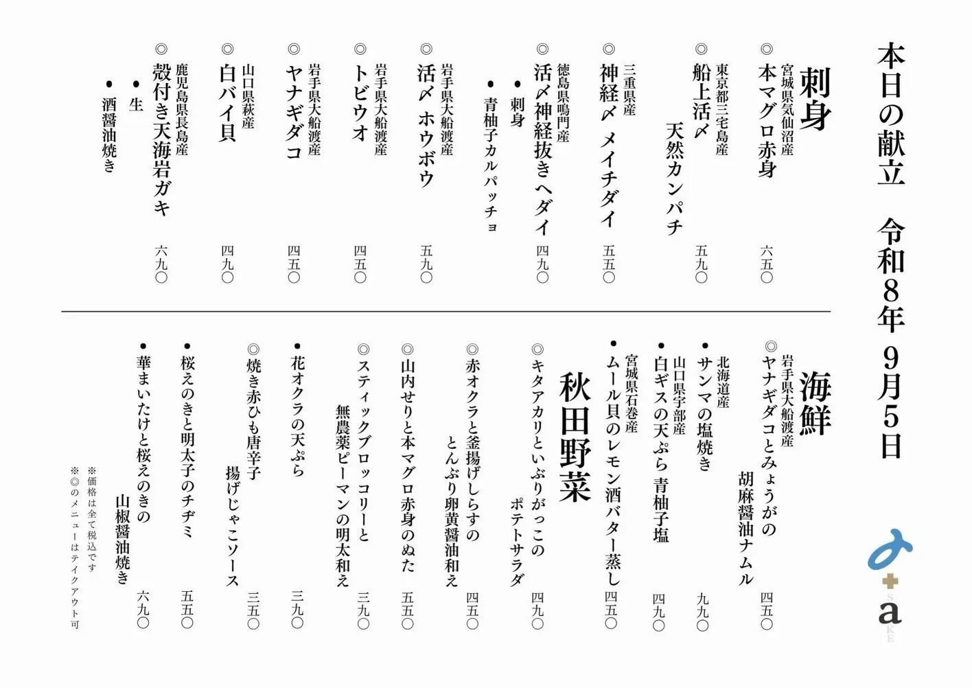さかなの木9月5日のメニューです。