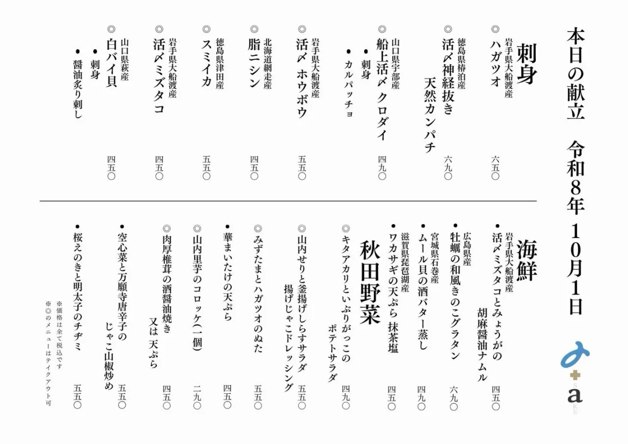さかなの木10月1日のメニューです。