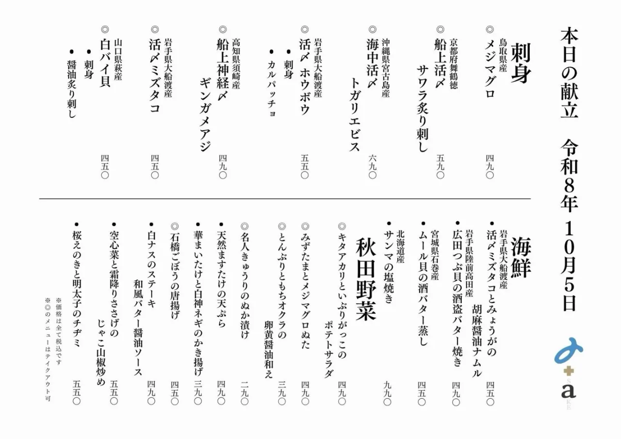 さかなの木10月5日のメニューです。