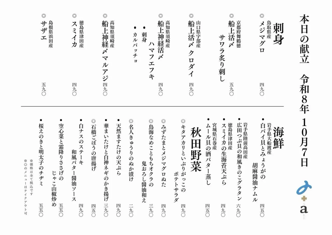 さかなの木10月7日のメニューです。