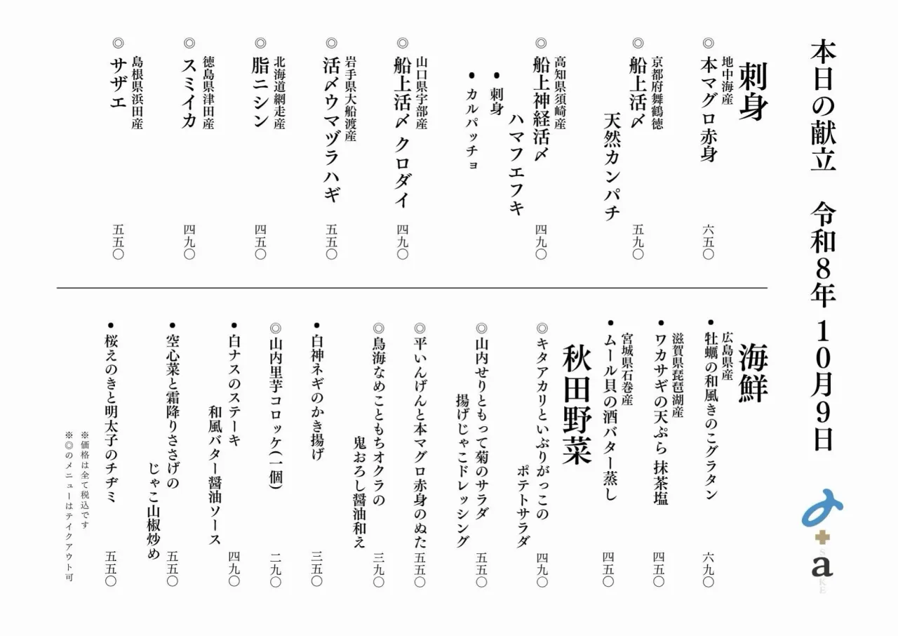 さかなの木10月9日のメニューです。