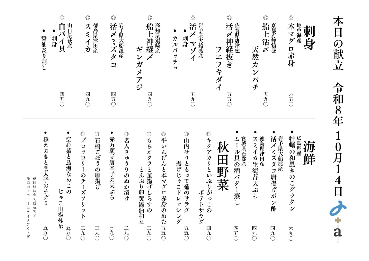さかなの木10月14日のメニューです。